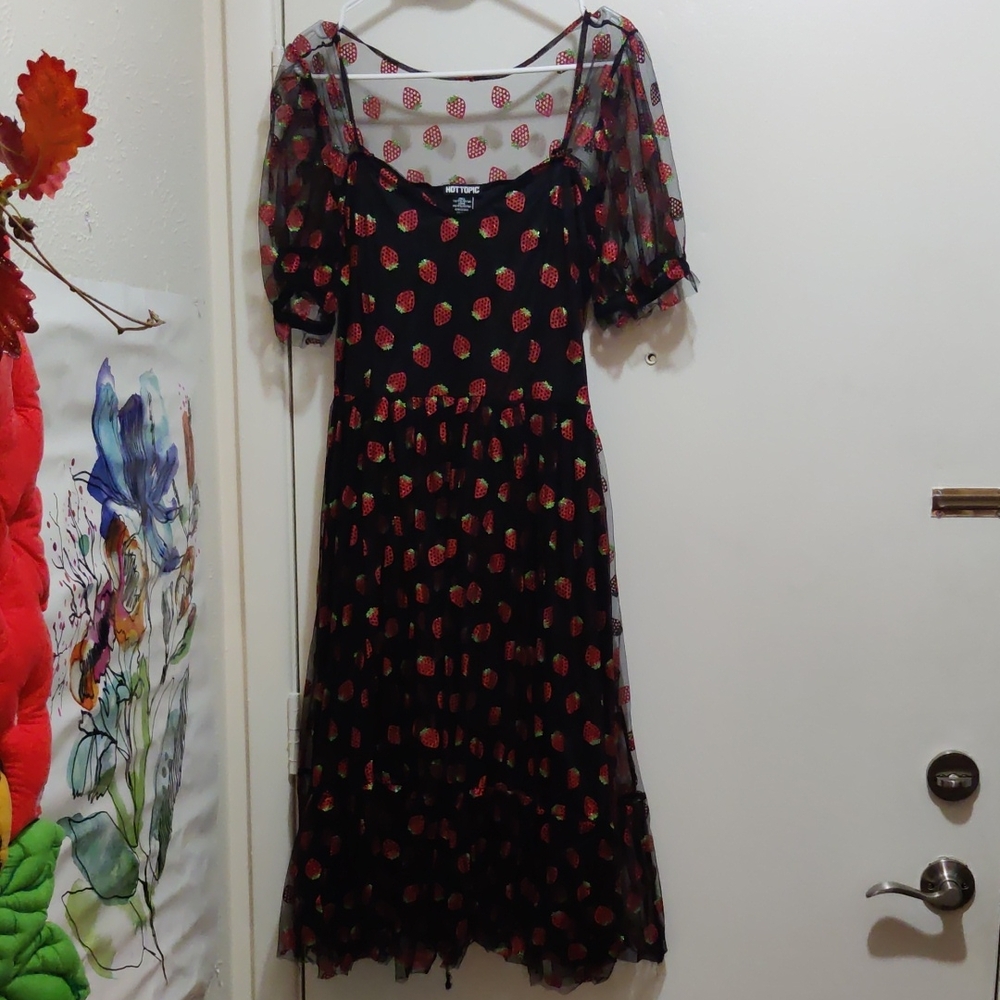 Hot Topic Black Dress with Sparkling Strawberries And Sheer Puff Sleeves